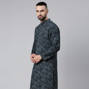 Men Navy Blue Ethnic Motifs Cotton Printed Kurta